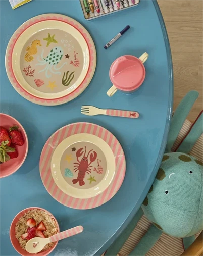 Rice Kids - Babyske og gaffel - Koral - Ocean Print
